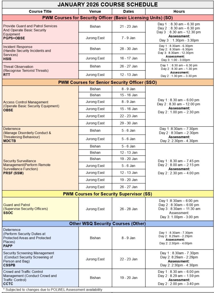 Security Course Jan Schedule